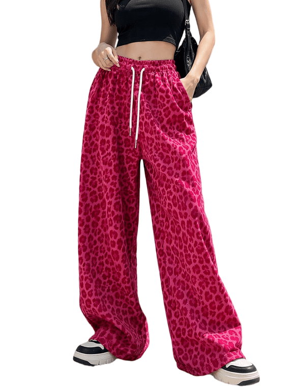 Women’s Leopard Print Wide Leg Pants High Waist Drawstring Palazzo Trousers with Slant Pockets S-2XL