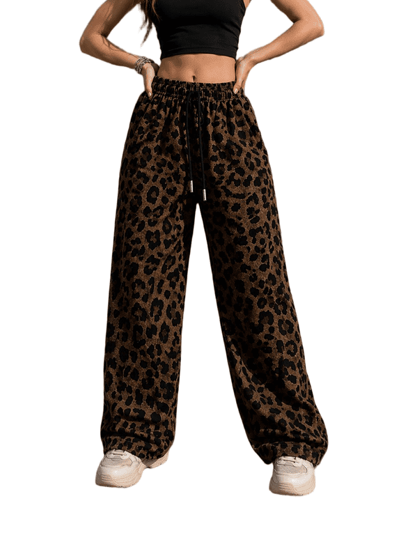 Women’s Leopard Print Wide Leg Pants High Waist Drawstring Palazzo Trousers with Slant Pockets S-2XL