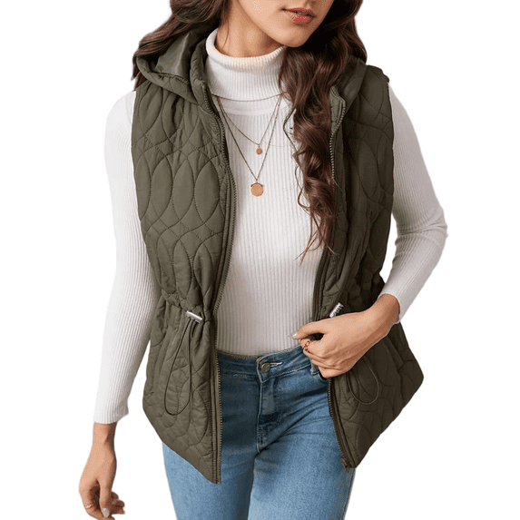 Mengpipi Women's Lightweight Quilted Gilet Autumn Winter Sleeveless Hooded Belted Waist Stand Collar Thermal Coat with Side Pockets S-2XL