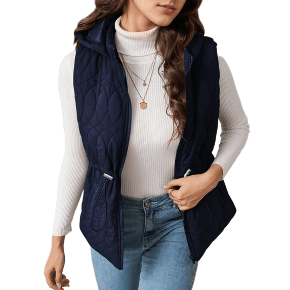 Mengpipi Women's Lightweight Quilted Gilet Autumn Winter Sleeveless Hooded Belted Waist Stand Collar Thermal Coat with Side Pockets S-2XL