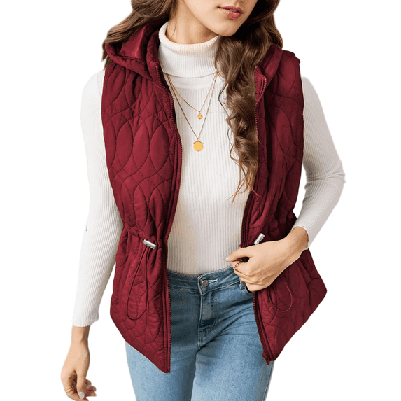 Mengpipi Women's Lightweight Quilted Gilet Autumn Winter Sleeveless Hooded Belted Waist Stand Collar Thermal Coat with Side Pockets S-2XL