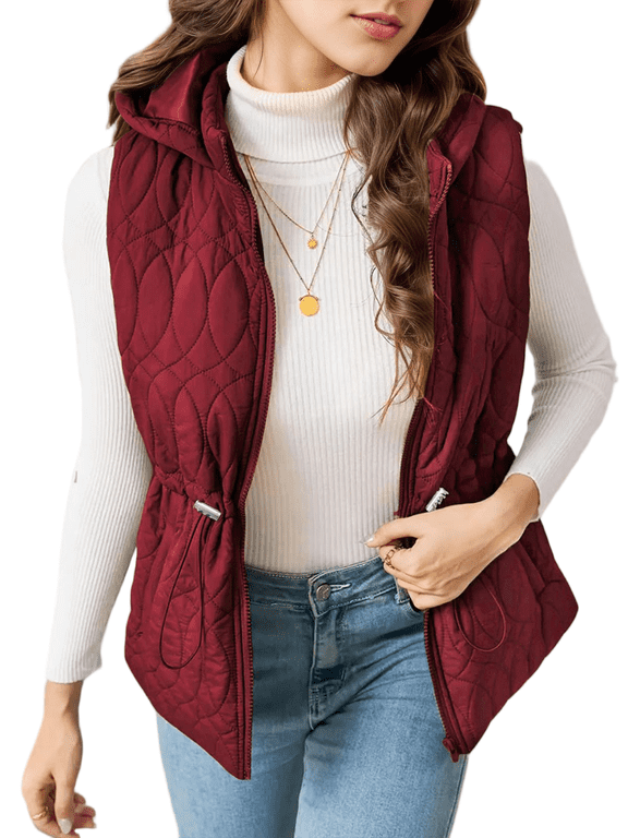 Women's Lightweight Quilted Gilet Autumn Winter Sleeveless Hooded Belted Waist Stand Collar Thermal Coat with Side Pockets S-2XL