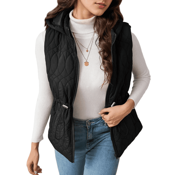 Mengpipi Women's Lightweight Quilted Gilet Autumn Winter Sleeveless Hooded Belted Waist Stand Collar Thermal Coat with Side Pockets S-2XL