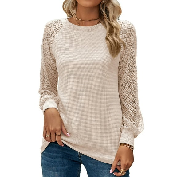 Mengpipi Women's Long Sleeve Blouse Lace Waffle Knit Loose Casual Tops, Beige-L(US 12-14)