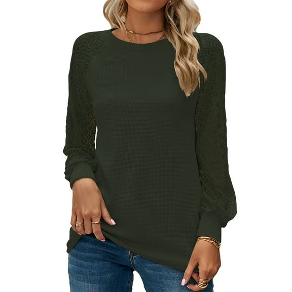 Mengpipi Women's Long Sleeve Blouse Lace Waffle Knit Loose Casual Tops, Green-XL(US 16-18)