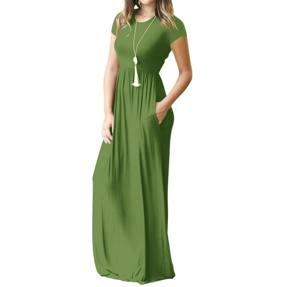 Mengpipi Women's Maxi Dresses Short Sleeve Long Casual Dresses Loose Plain with Pockets, Army Green-4XL(US 28-30)