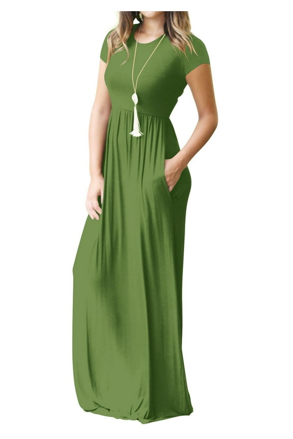 Women's Maxi Dresses Short Sleeve Long Casual Dresses Loose Plain with Pockets, Army Green-S(US 4-6)