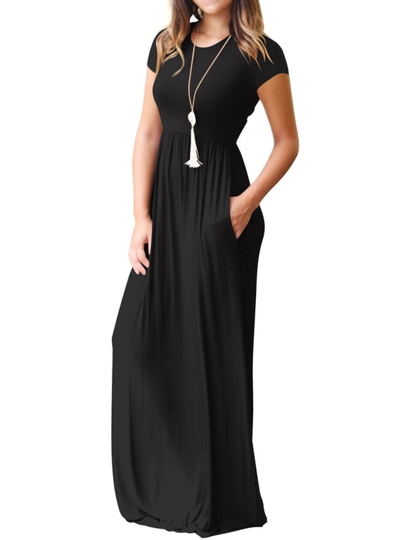 Women's Maxi Dresses Short Sleeve Long Casual Dresses Loose Plain with Pockets, Black-XXL(US 20-22)