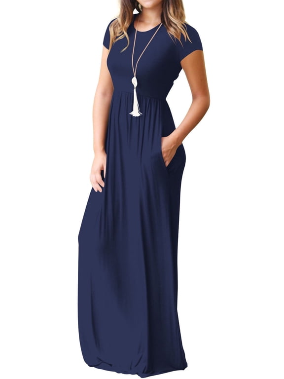 Women's Maxi Dresses Short Sleeve Long Casual Dresses Loose Plain with Pockets, Navy Blue-L(US 12-14)