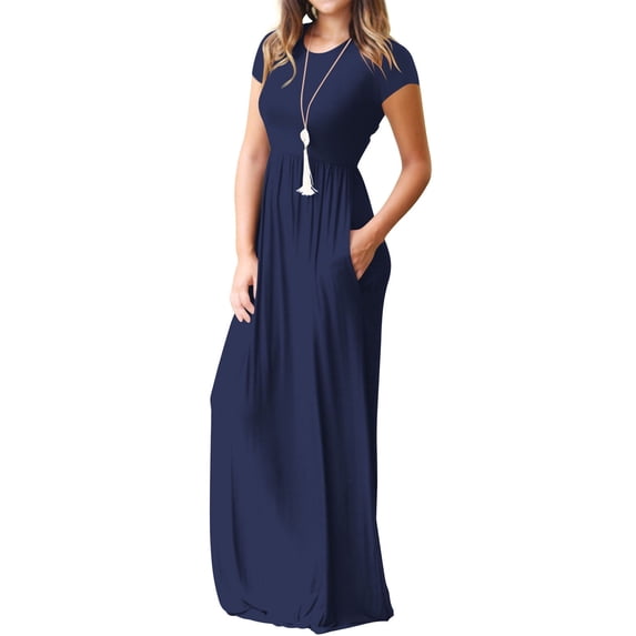 Mengpipi Women's Maxi Dresses Short Sleeve Long Casual Dresses Loose Plain with Pockets, Navy Blue-M(US 8-10)
