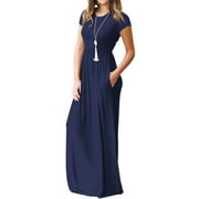 Mengpipi Women's Maxi Dresses Short Sleeve Long Casual Dresses Loose Plain with Pockets, Navy Blue-XL(US 16-18)
