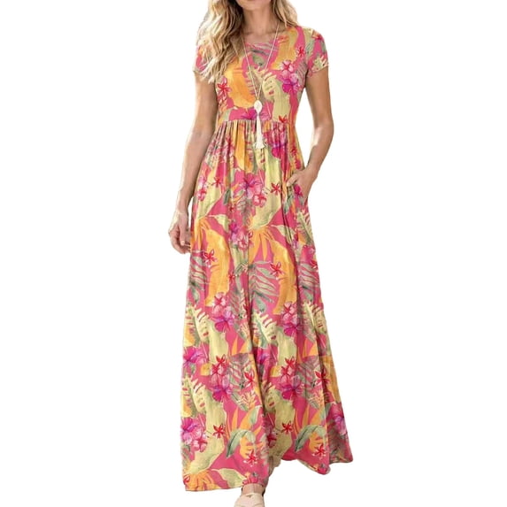 Mengpipi Women's Maxi Dresses Short Sleeve Long Casual Dresses Loose with Pockets, Tropical Flowers-L(US 4-6)