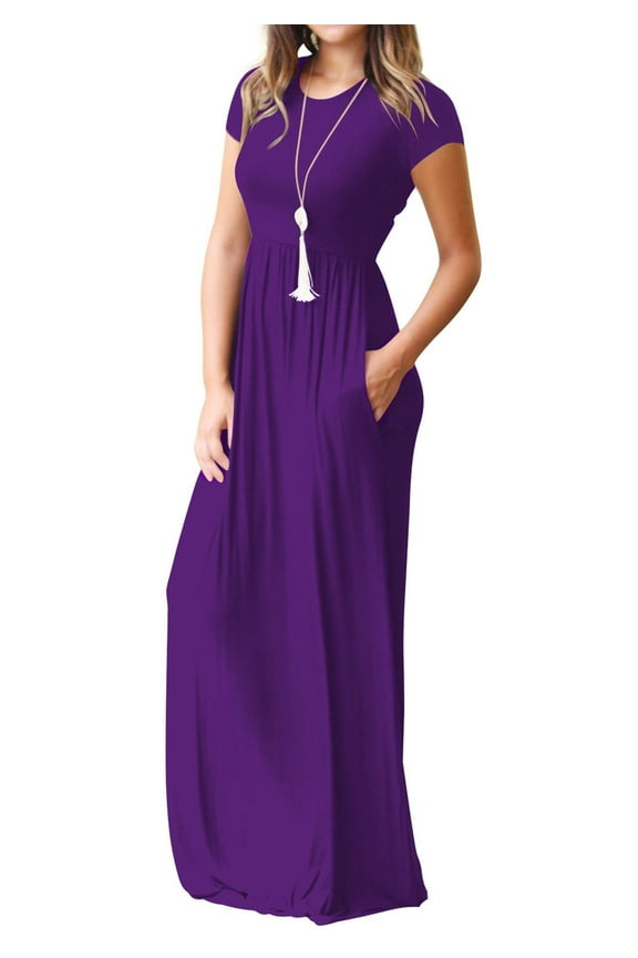 Women's Maxi Dresses Short Sleeve Long Casual Dresses Loose Plain with Pockets, Purple-S(US 4-6)