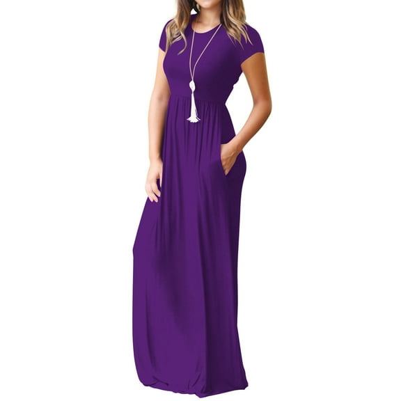 Mengpipi Women's Maxi Dresses Short Sleeve Long Casual Dresses Loose Plain with Pockets, Purple-XXL(US 20-22)