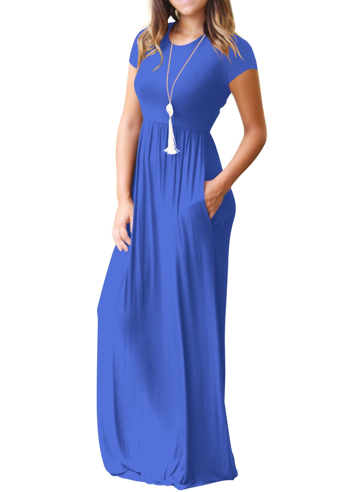 Mengpipi Women's Maxi Dresses Short Sleeve Long Casual Dresses Loose Plain  with Pockets, Royal Blue-3XL(US 24-26) - Walmart.com