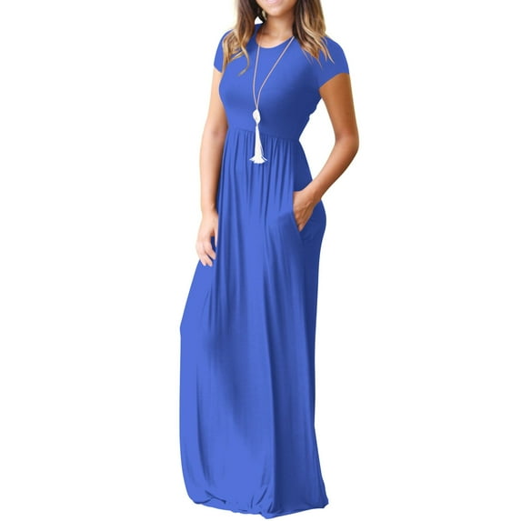 Mengpipi Women's Maxi Dresses Short Sleeve Long Casual Dresses Loose Plain with Pockets, Royal Blue-L(US 12-14)