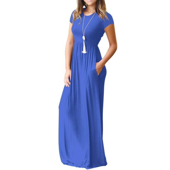 Mengpipi Women's Maxi Dresses Short Sleeve Long Casual Dresses Loose Plain with Pockets, Royal Blue-XL(US 16-18)