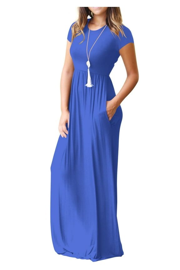 Women's Maxi Dresses Short Sleeve Long Casual Dresses Loose Plain with Pockets, Royal Blue-XXL(US 20-22)