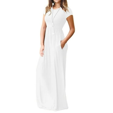 Mengpipi Women's Maxi Dresses Short Sleeve Long Casual Dresses Loose Plain with Pockets, White-L(US 12-14)