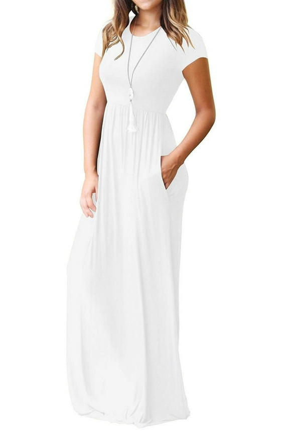 Women's Maxi Dresses Short Sleeve Long Casual Dresses Loose Plain with Pockets, White-L(US 12-14)