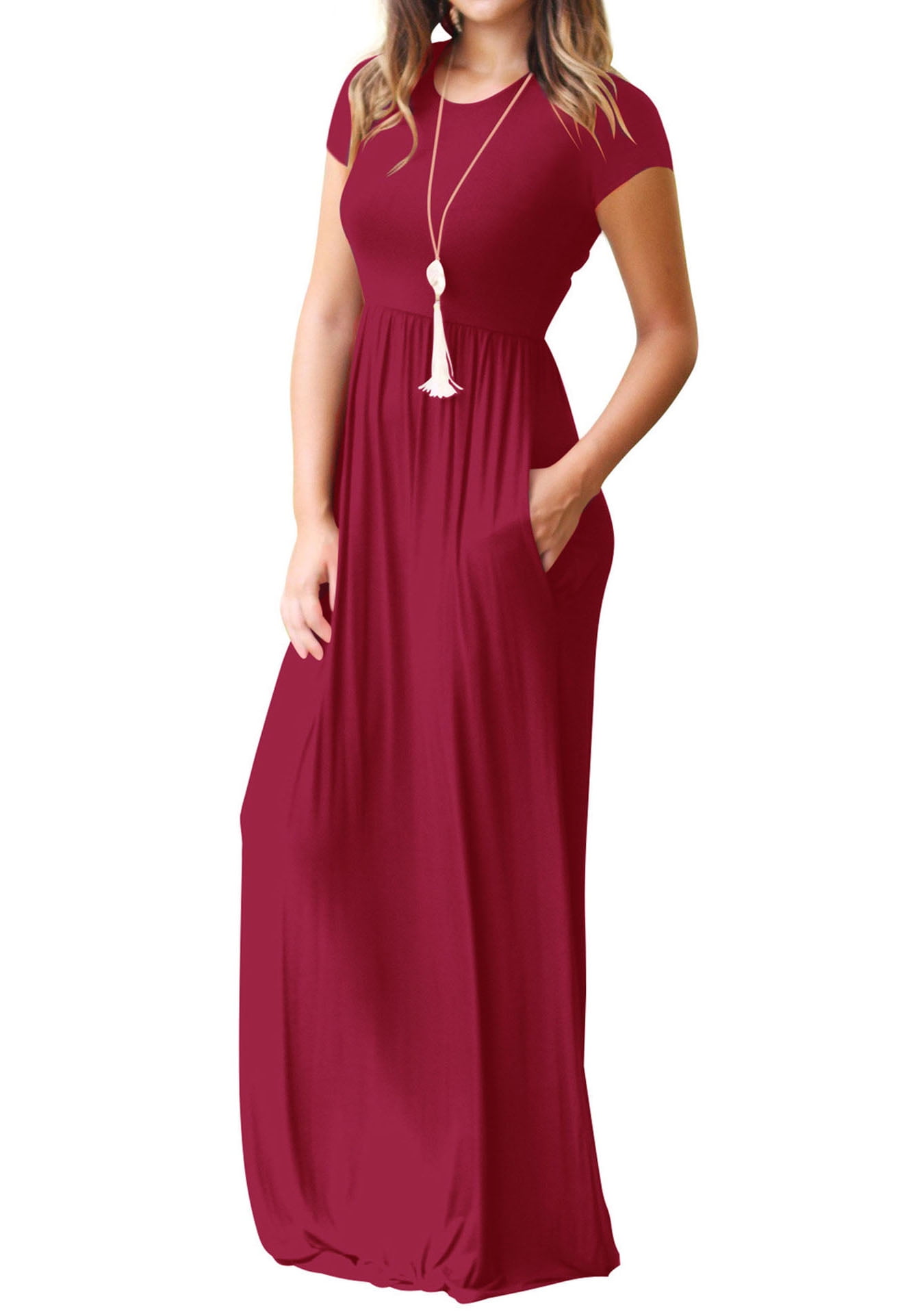 Mengpipi Women s Maxi Dresses Short Sleeve Long Casual Dresses Loose Plain with Pockets Wine L US 12 14