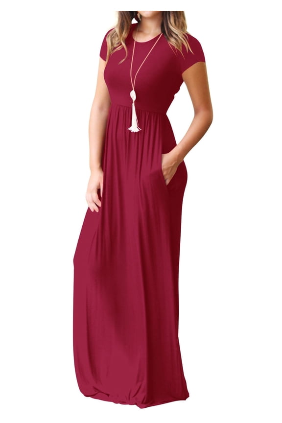 Women's Maxi Dresses Short Sleeve Long Casual Dresses Loose Plain with Pockets, Wine-L(US 12-14)