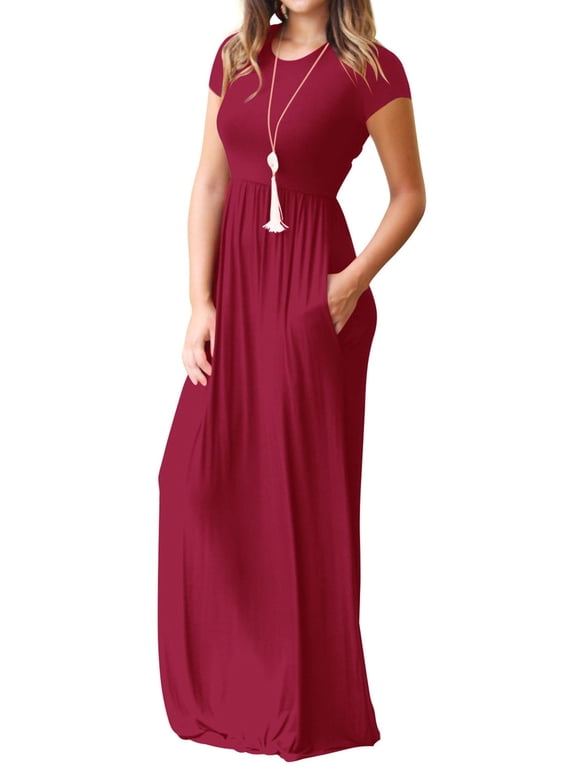 Women's Maxi Dresses Short Sleeve Long Casual Dresses Loose Plain with Pockets, Wine-XL(US 16-18)