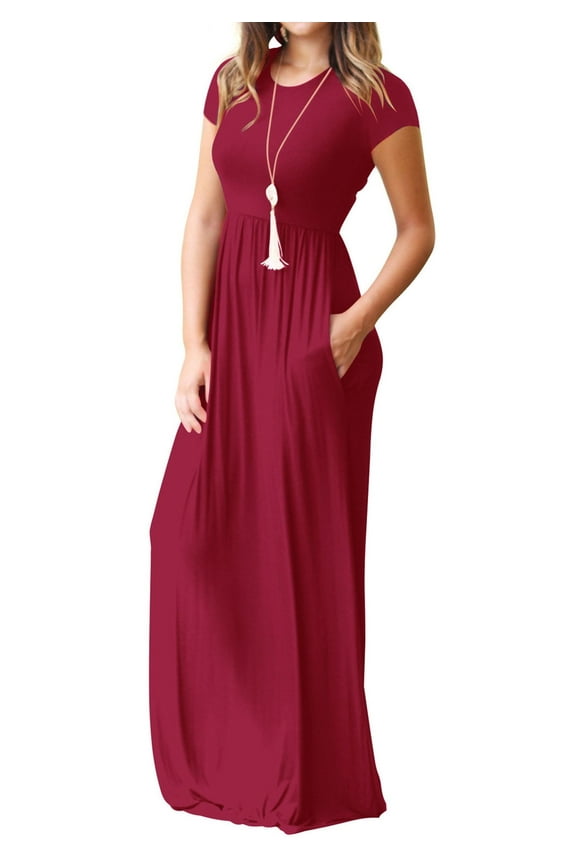 Women's Maxi Dresses Short Sleeve Long Casual Dresses Loose Plain with Pockets, Wine-XL(US 16-18)