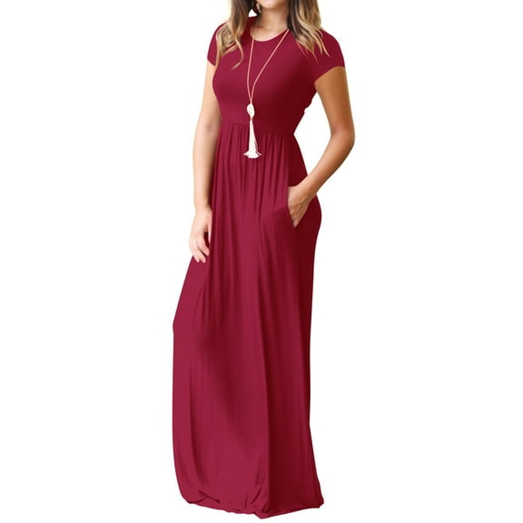 Mengpipi Women's Maxi Dresses Short Sleeve Long Casual Dresses Loose Plain with Pockets, Wine-XXL(US 20-22)