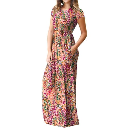 Mengpipi Women's Maxi Dresses Short Sleeve Long Casual Dresses Loose with Pockets, Colorful leaves-4XL(US 28-30)