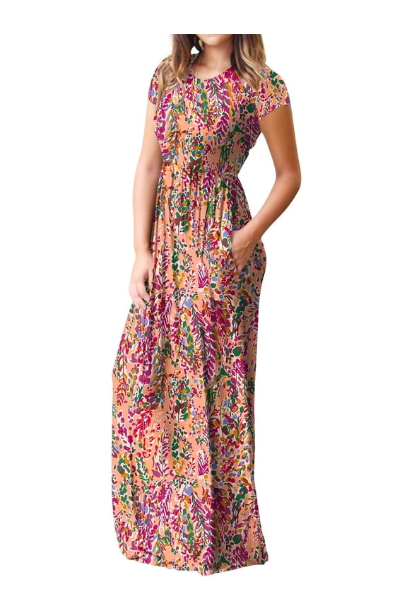 Women's Maxi Dresses Short Sleeve Long Casual Dresses Loose with Pockets, Colorful leaves-L(US 12-14)