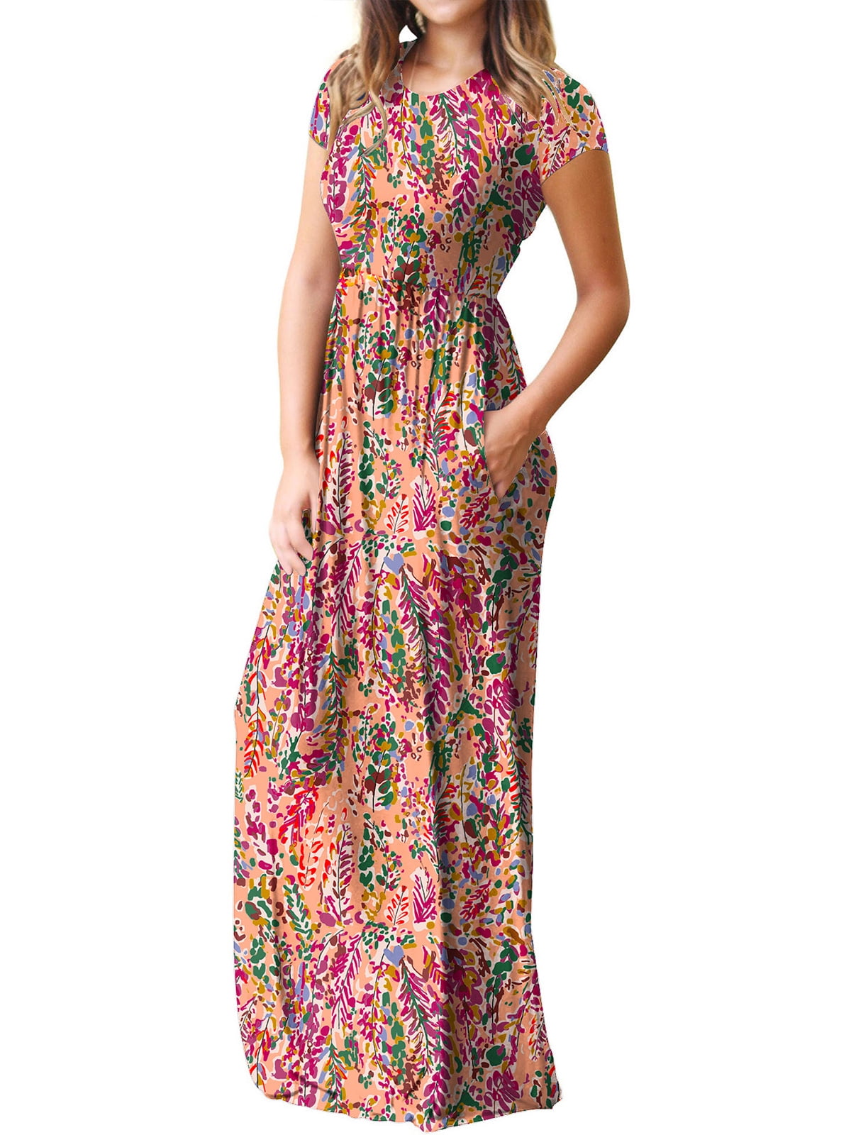 Mengpipi Women's Maxi Dresses Short Sleeve Long Casual Dresses Loose with Pockets, Colorful leaves-L(US 12-14)