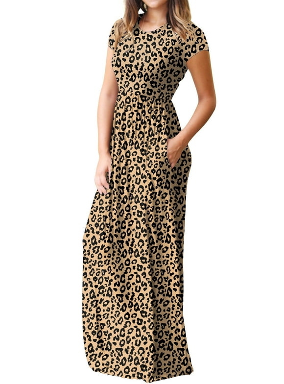 Women's Maxi Dresses Short Sleeve Long Casual Dresses Loose with Pockets, Leopard-S(US 4-6)