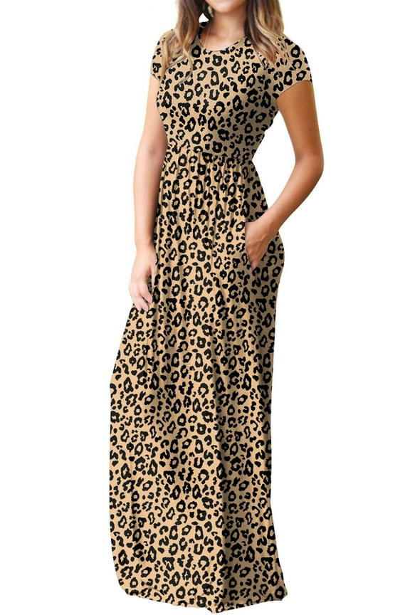 Women's Maxi Dresses Short Sleeve Long Casual Dresses Loose with Pockets, Leopard-XL(US 16-18)