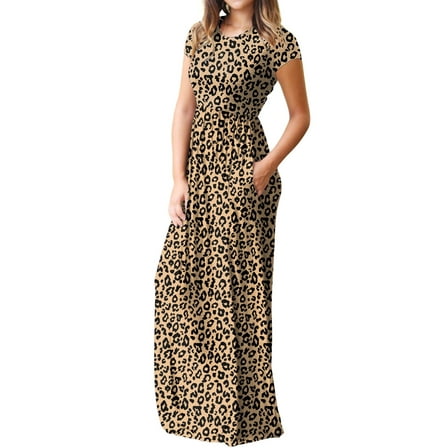 Mengpipi Women's Maxi Dresses Short Sleeve Long Casual Dresses Loose with Pockets, Leopard-XXL(US 20-22)