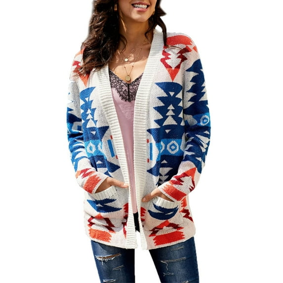 Mengpipi Women's Open Front Cardigan Boho Aztec Casual Long Sleeve Knit Sweaters Cardigan with Pockets
