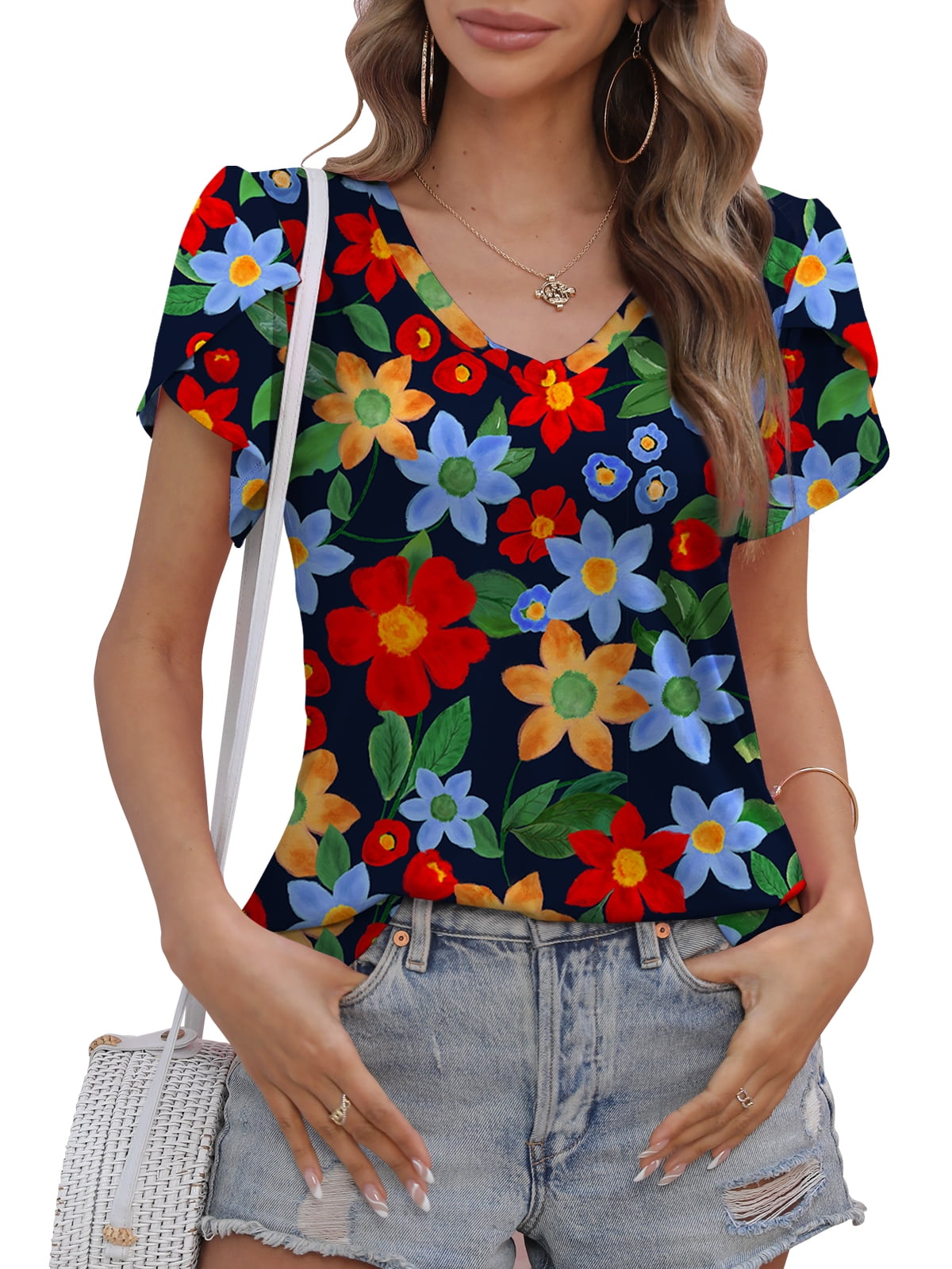 Mengpipi Women's Petal Sleeve V Neck Short Sleeve Casual Summer Tops ...