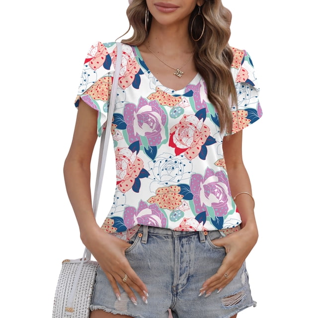 Mengpipi Women's Petal Sleeve Tops V Neck Short Sleeve Shirts Summer ...