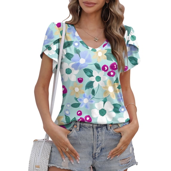 Mengpipi Women's Petal Sleeve Tops V Neck Short Sleeve Shirts Summer Casual Tshirts Loose Fit Blouses, M(US 8-10)