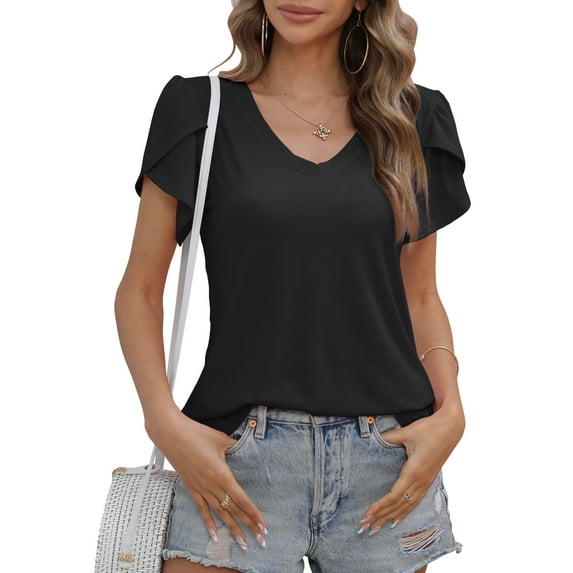 Mengpipi Women's Petal Sleeve Tops V Neck Short Sleeve Shirts Summer Casual Tshirts Loose Fit Blouses, S(US 4-6)