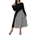 thumbnail image 1 of Mengpipi Women’s Plus Size Dresses Fall Long Sleeve Round Crew Neck Color Block Striped Elegant Casual Maxi Dress 1X-4X, 1 of 7