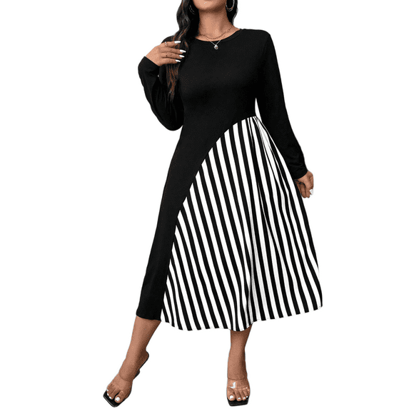 Mengpipi Women’s Plus Size Dresses Fall Long Sleeve Round Crew Neck Color Block Striped Elegant Casual Maxi Dress 1X-4X