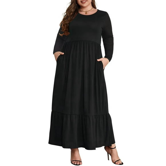 Women's Plus Size Casual Long Sleeve Crewneck Dress Flowy Tiered Loose Maxi Dress with Pockets 1X-5X