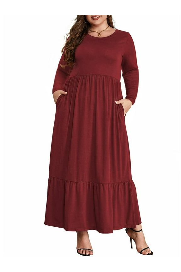Women's Plus Size Casual Long Sleeve Crewneck Dress Flowy Tiered Loose Maxi Dress with Pockets 1X-5X