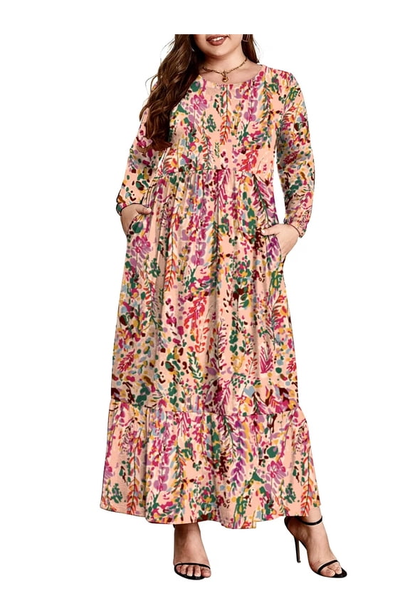 Women's Plus Size Casual Long Sleeve Crewneck Dress Flowy Tiered Loose Maxi Dress with Pockets 1X-5X
