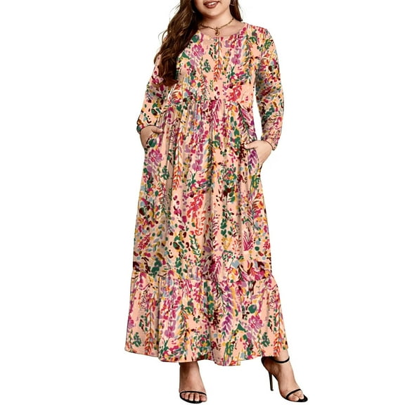 Mengpipi Women's Plus Size Casual Long Sleeve Crewneck Dress Flowy Tiered Loose Maxi Dress with Pockets 1X-5X