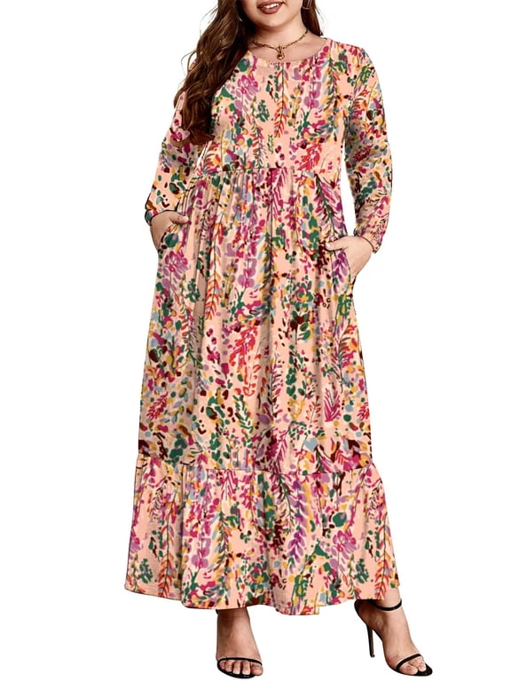Women's Plus Size Casual Long Sleeve Crewneck Dress Flowy Tiered Loose Maxi Dress with Pockets 1X-5X