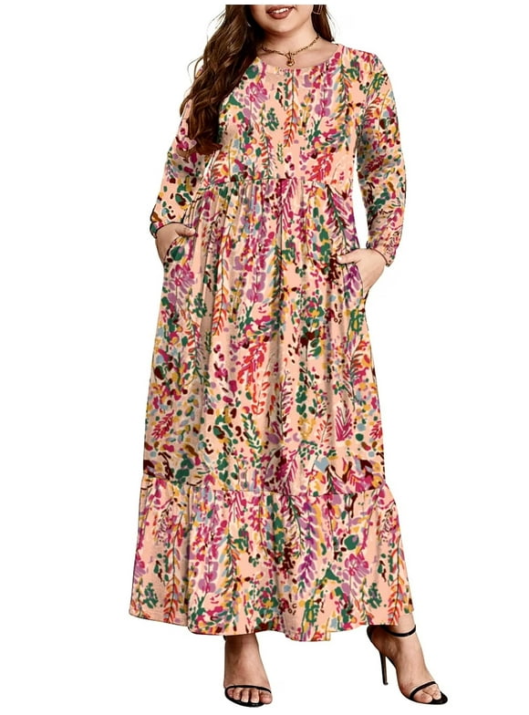 Women's Plus Size Casual Long Sleeve Crewneck Dress Flowy Tiered Loose Maxi Dress with Pockets 1X-5X