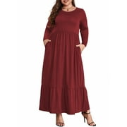 Mengpipi Women's Plus Size Casual Long Sleeve Crewneck Dress Flowy Tiered Loose Maxi Dress with Pockets 1X-5X