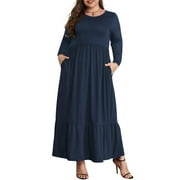 MENGPIPI Women's Plus Size Casual Long Sleeve Crewneck Dress Flowy Tiered Loose Maxi Dress with Pockets 1X-5X